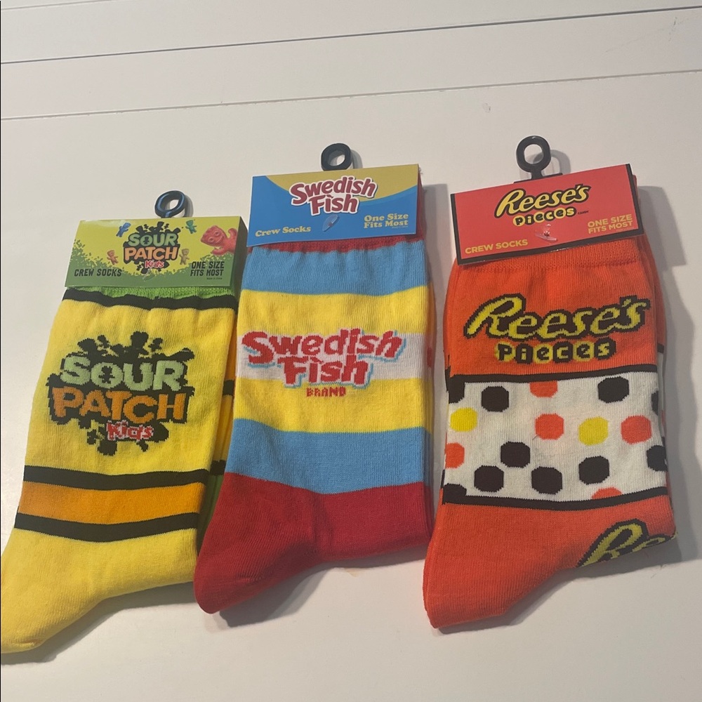 3 Sour Patch Kids, Swedish Fish, Reese's Pieces Crew Socks Set BUNDLE OF 3 - Picture 1 of 4